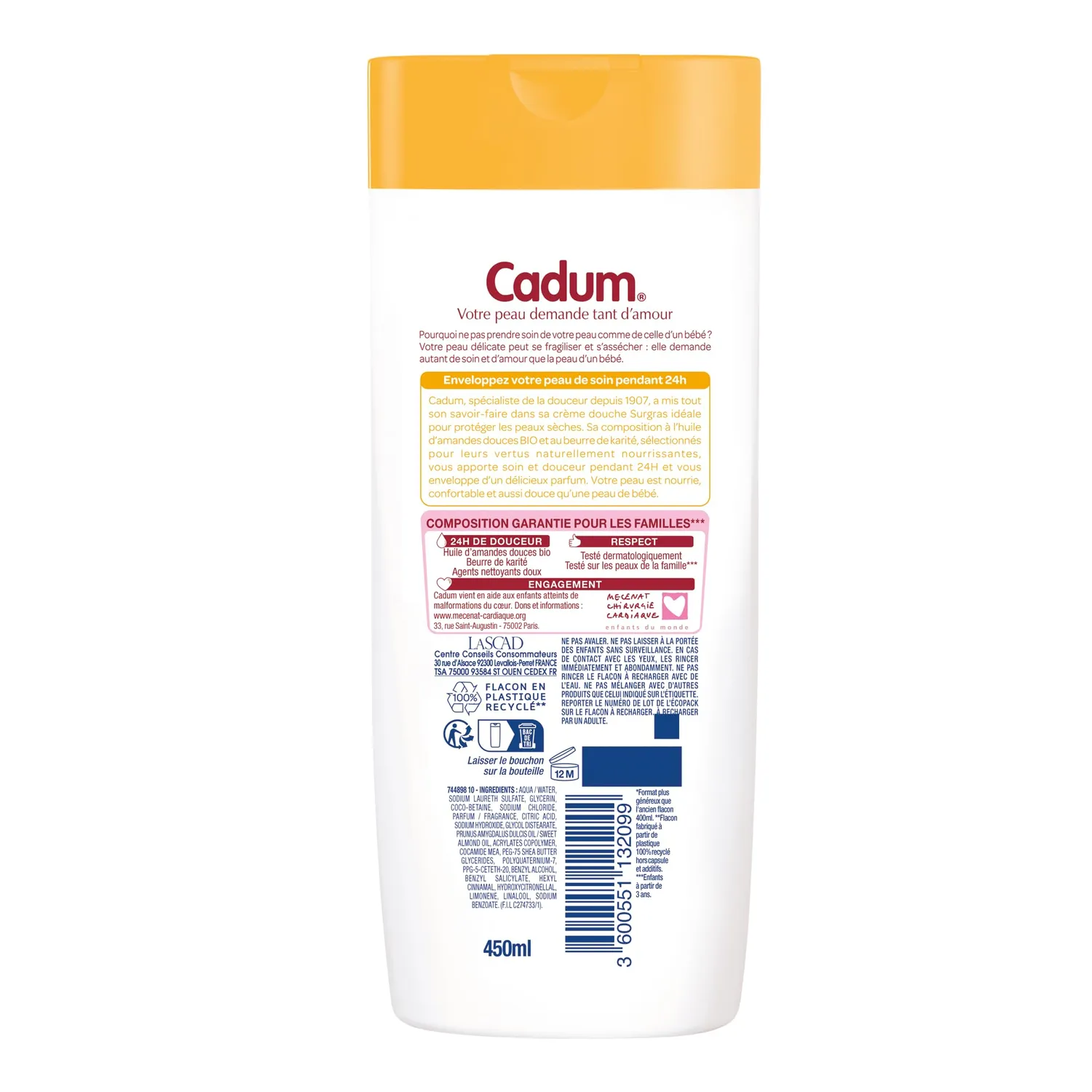 Bébé Cadum Surgras Crème Douche Karité 450 ml peaux sèches