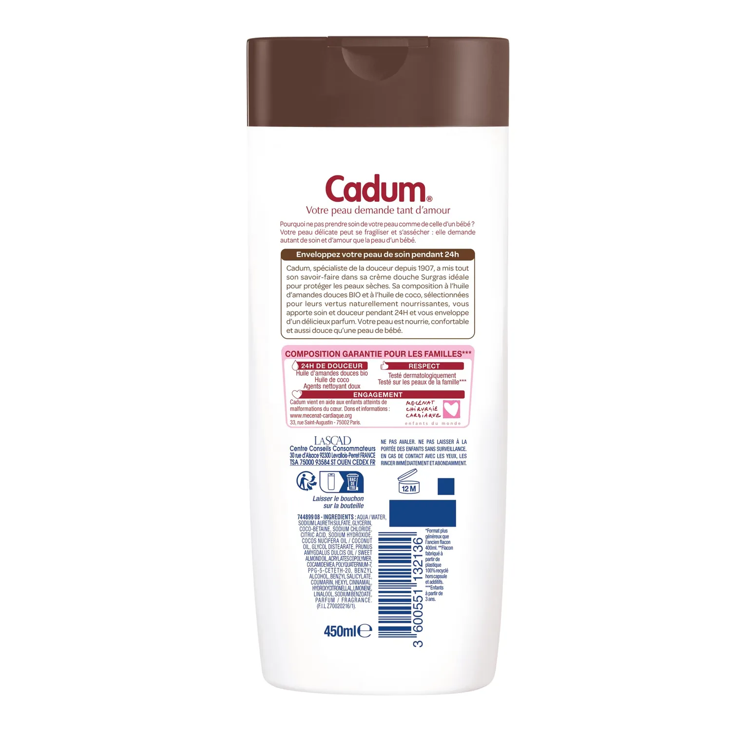 Cadum Surgras Coco crème douche 450ml soin 24h