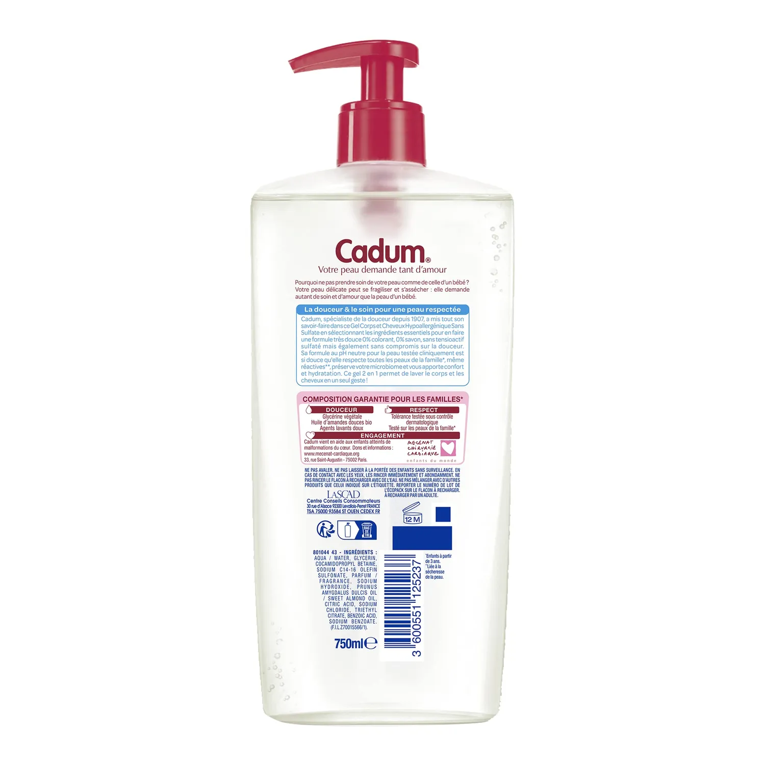 Cadum Hypoallergénique gel corps cheveux 750ml sans sulfate