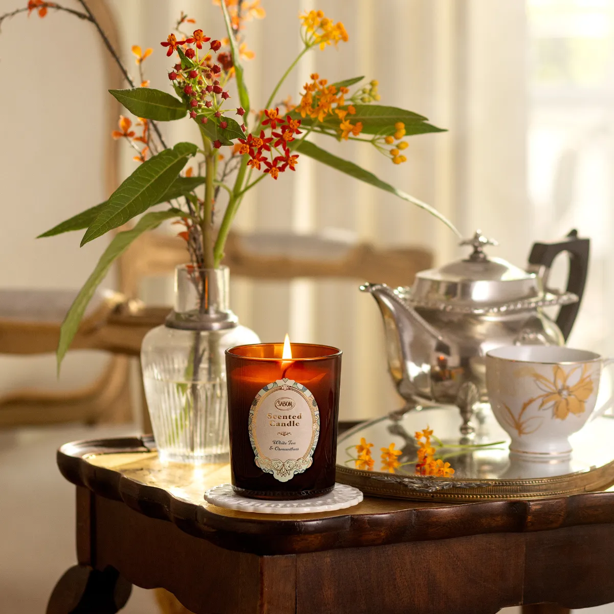 Sabon White Tea Osmanthus bougie parfumée 40h verre