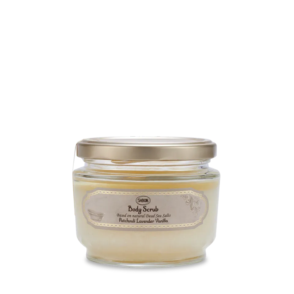 Sabon Patchouli Lavender Vanilla gommage corps 320g sel mer morte